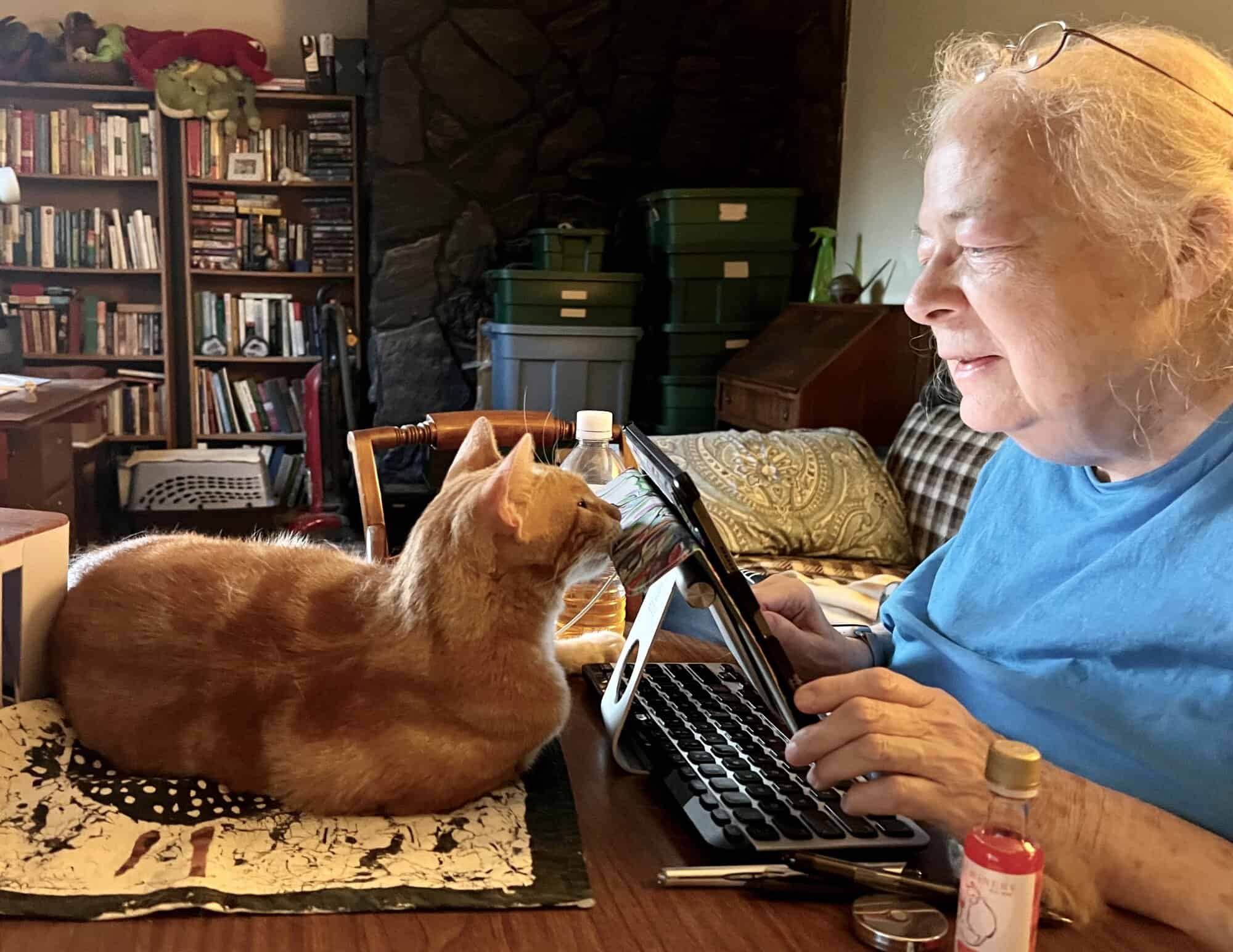 Susan Robbins looking over her tablet at an orange cat