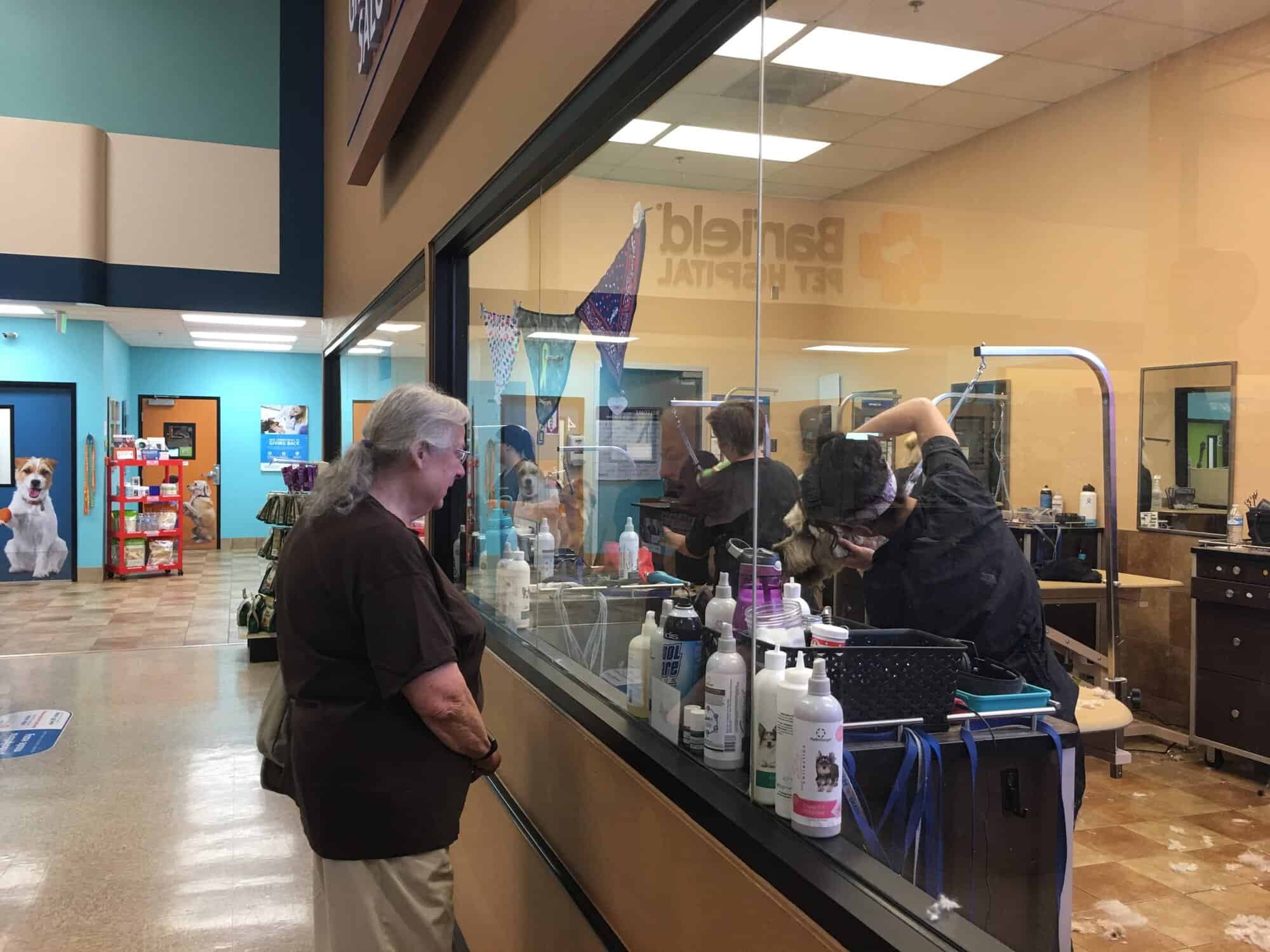 Susan watching dogs being groomed at PetSmart